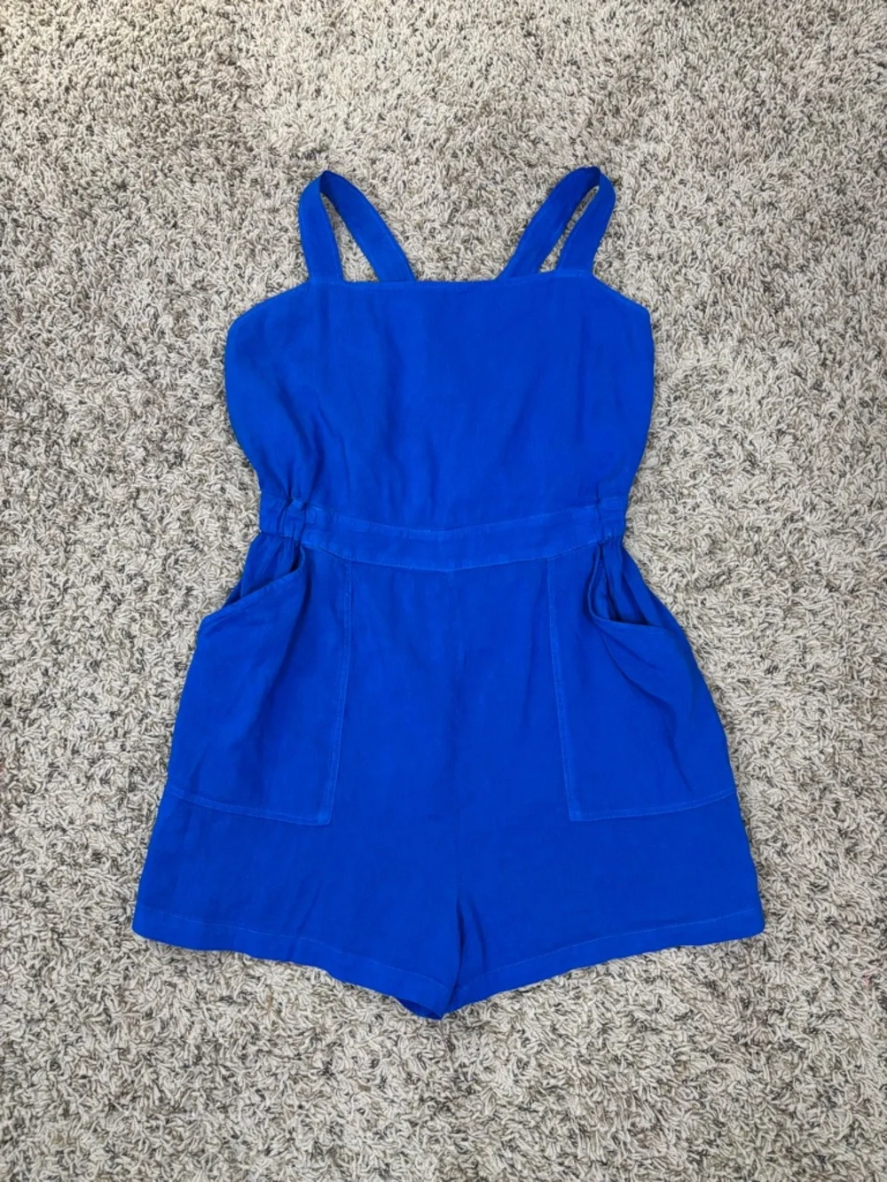 Zara Romper Womens Large Blue Linen Blend Pockets Stretch